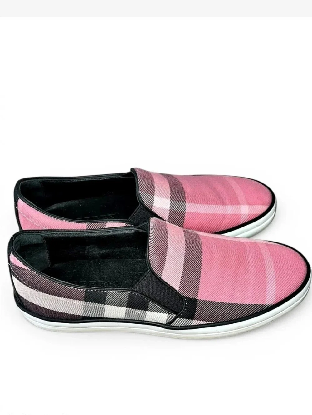 Burberry Gauden Pink Black Check Pattern Canvas Leather Slip On's Size 38